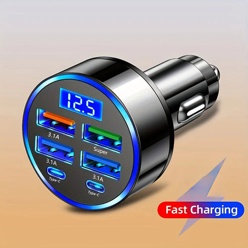 6-in-1 Fast Charging Car Adapter 3.1A Dual Type-C Digital Display Smar