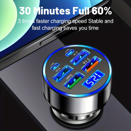 6-in-1 Fast Charging Car Adapter 3.1A Dual Type-C Digital Display Smar