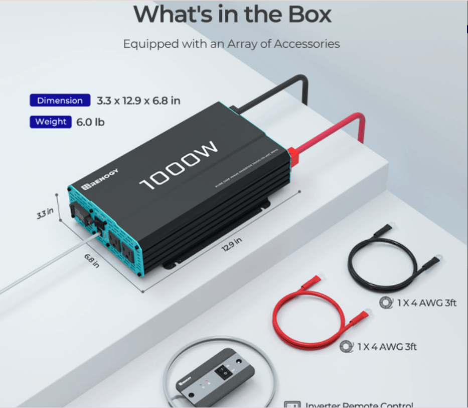 Renogy 1000W 12V Pure Sine Wave Inverter (New Edition), DC to AC Power Converter